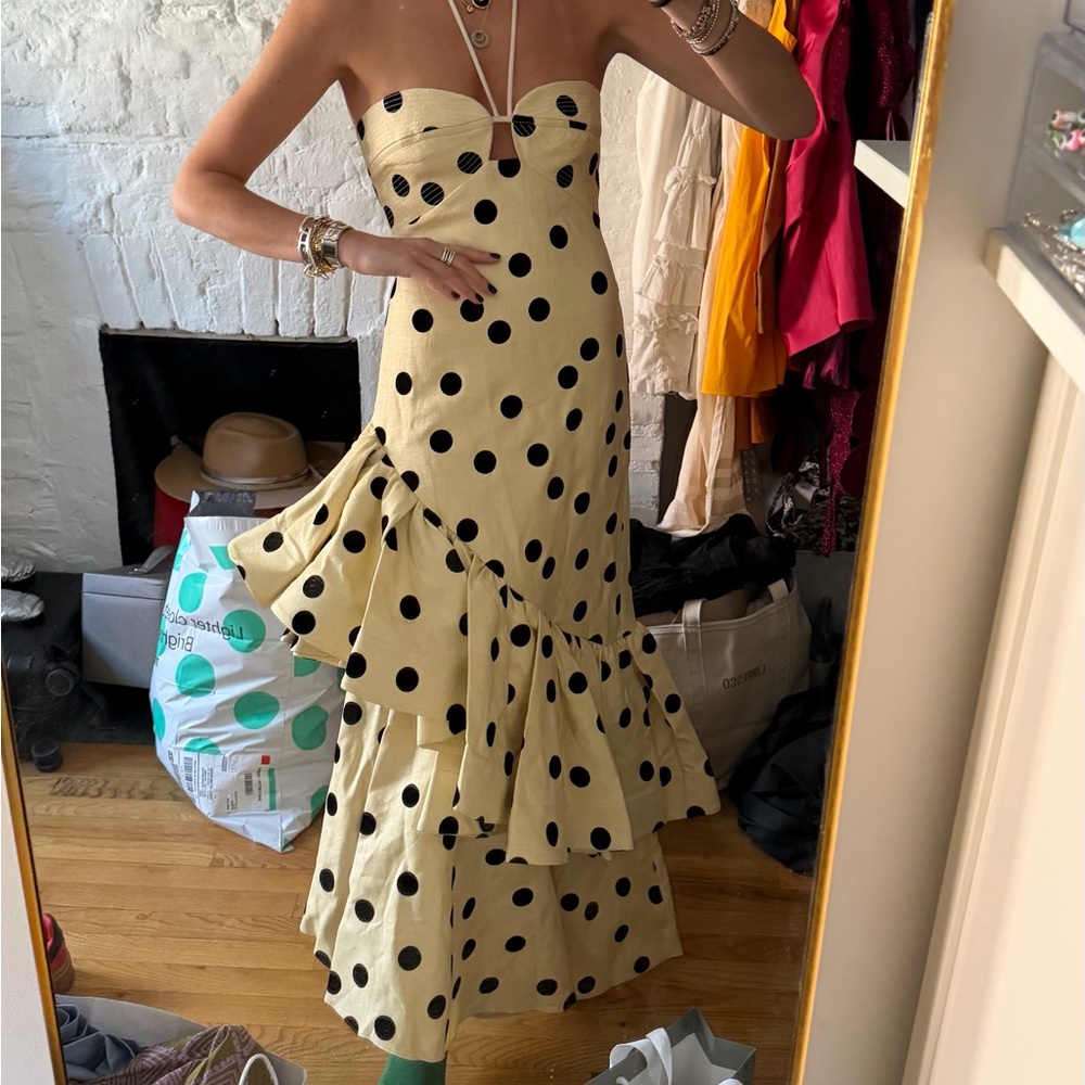 Johanna Ortiz dress Strapless Polka Dot Ruffle Maxi Dress - Yellow/Black
